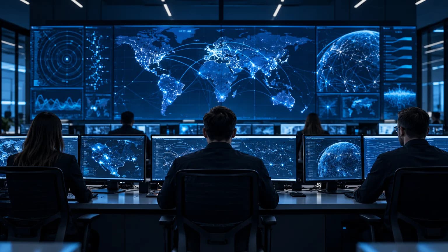 Security analysts in a modern operations center