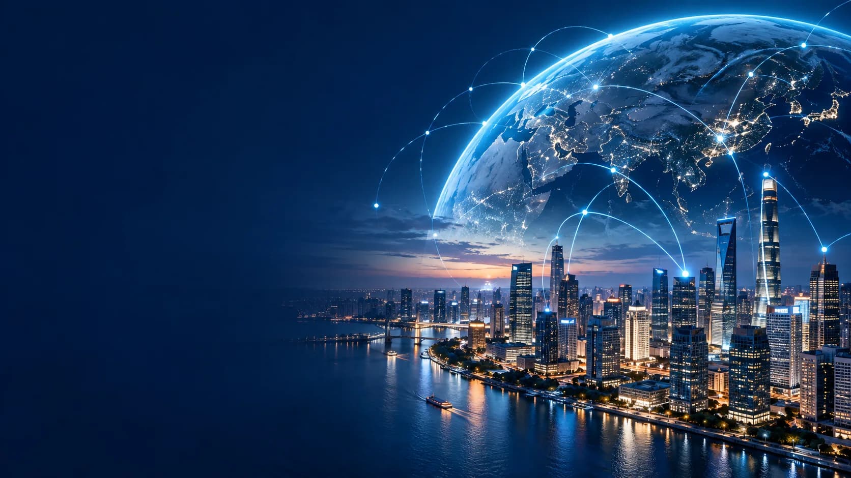Connected enterprise city at blue hour with subtle digital infrastructure