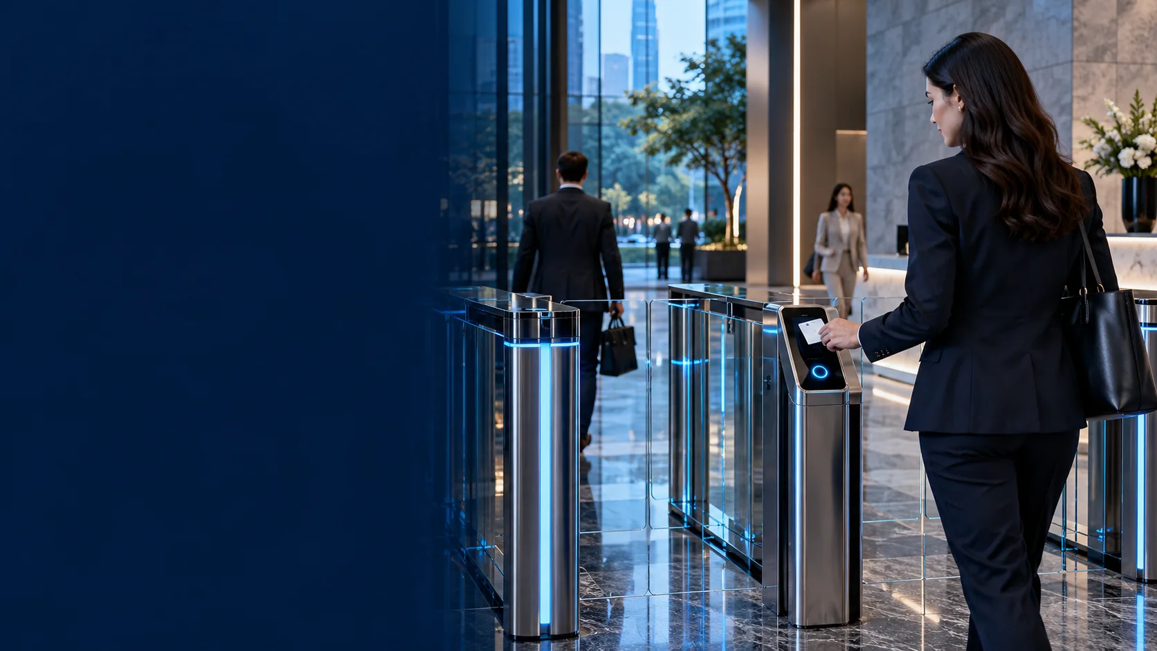 Modern corporate access gates and contactless credential reader