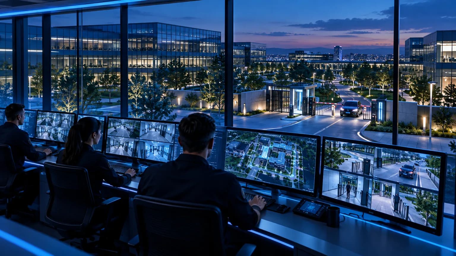 Physical security command center overlooking a smart campus