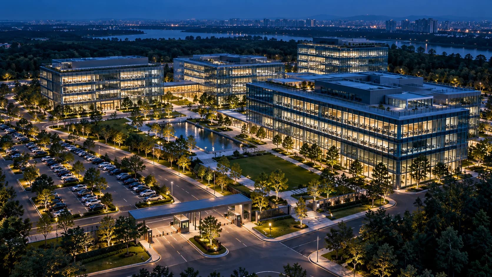 Illustrative connected commercial campus at blue hour