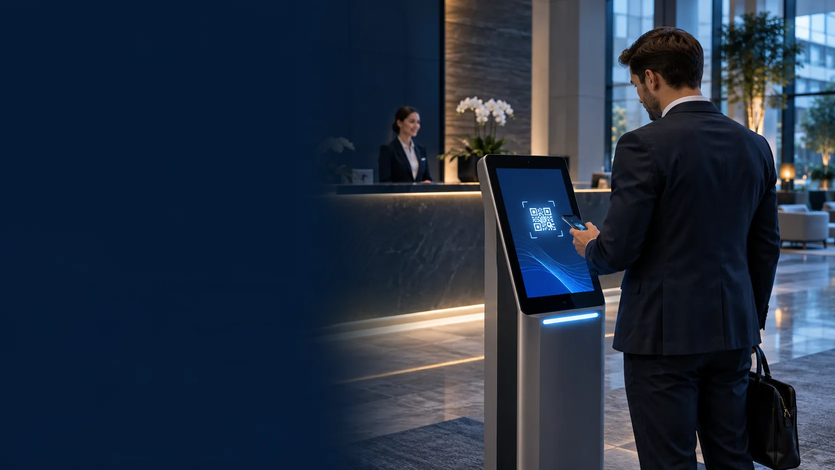 Digital visitor check-in kiosk in an illustrative corporate reception